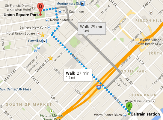 Caltrain walking map to Union Square
